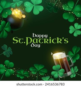 Happy St.Patrick's day design template with cauldron of gold beer mug, shamrock and leprechaun hat. Lucky Irish design