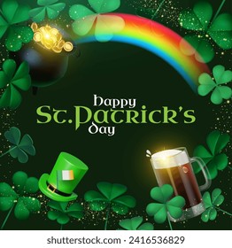 Happy St.Patrick's day design template with cauldron of gold beer mug, shamrock and leprechaun hat. Lucky Irish design