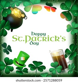 Happy St.Patrick's day design template with cauldron of gold beer mug, shamrock and leprechaun hat. Lucky Irish design