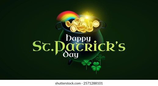 Happy St.Patrick's day design template with cauldron of gold. shamrock and rainbow. Lucky Irish design