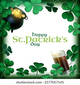 Happy St.Patrick's day design template with cauldron of gold beer mug, shamrock and leprechaun hat. Lucky Irish design