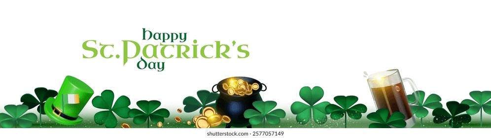 Happy St.Patrick's day design template with cauldron of gold beer mug, shamrock and leprechaun hat. Lucky Irish design