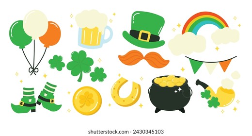 Happy St.Patrick's Day Element Vektor. Handgezeichnete Glückssymbole Set aus grünem Kleeblatt, Hut, Goldmünztopf, Regenbogen, Bier, Shamrock. Vektor-Illustration Design für Clipart, Aufkleber, Karte.