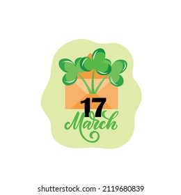 Happy St.Patrick's Day emblem with green clover and handwritten text 17 March on white background. Modern brush calligraphy, hand lettering. Vector illustration for print, poster, card, sticker, logo