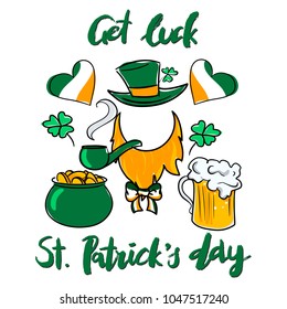 Happy St.Patrick's Day/ get luck hand drawn lettering and set of icons for selfie (hat, beard, pot of gold, beer, flag of Ireland) for Irish holiday greeting card, poster, banner, logo, icon. 