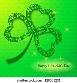 Happy St.Patrick`s Day greeting card with green paper shamrock. Vector illustration.