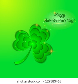 Happy St.Patrick`s Day greeting card with glossy shamrock. Vector illustration.