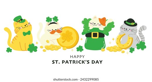 Happy St.Patrick's day hand drawn background vector. Cute cats wallpaper of cat in costume, hat, shamrock, green clover leaf, gold coin Lucky symbol illustration for clipart, sticker, card, banner.