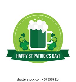 Happy St.Patrick's Day label, banner, badge with green beer and clover leaves.