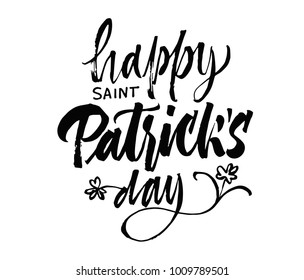 Happy St.Patrick's day lettering. Creative brush pen calligraphy with clovers illustration. Hand drawn logo. Modern trendy design.