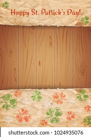 Happy St.Patrick's Day on old paper and wooden background. Vector illustration