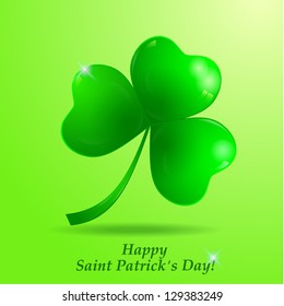 Happy St.Patrick`s Day paper greeting card with glossy shamrock. Vector illustration.