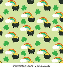 Happy St.Patrick's day seamless pattern background vector. Lucky symbol tile wallpaper of gold coin pot, green clover leaf, shamrock in pattern. Holiday illustration for fabric, packaging.