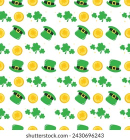 Happy St.Patrick's day seamless pattern background vector. Lucky symbol tile wallpaper of hat, shamrock, green clover leaf, gold coin in pattern. Holiday illustration for fabric, packaging.