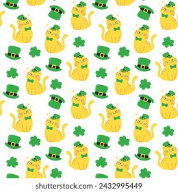 Happy St.Patrick's day seamless pattern background vector. Lucky symbol tile wallpaper of cat, hat, shamrock, green clover leaf in pattern. Holiday illustration for fabric, packaging.