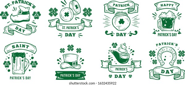 Happy st.Patricks day typography lettering text design. Set of logo, emblems, greeting message, holiday card, overlay templates for patricks day isolated on white background. Vector illustration .