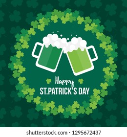 Happy St.Patrick's Day vector illustration, card, banner with green beer and clover, shamrock leaves.