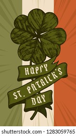 Happy St.Patrick's Day Vintage Shamrock and ribbon on Irish flag background