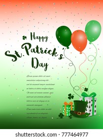 Happy St.Patrick's Day,colorful background with gift box,balloon,confetti and place for your text,vector illustration