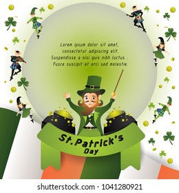 happy St.Patrick's day,Leprechaun character and elements for decoration,presentation or greeting card,cute cartoon vector illustration,frame with space for text 