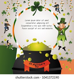 happy St.Patrick's day,Leprechaun character and elements for decoration,presentation or greeting card,cute cartoon vector illustration,frame with space for text 