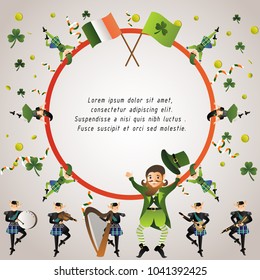 happy St.Patrick's day,Leprechaun character and elements for decoration,presentation,poster background or greeting card,cute cartoon vector illustration,frame with space for text 