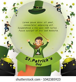 happy St.Patrick's day,Leprechaun character and elements for decoration,presentation,poster background or greeting card,cute cartoon vector illustration,frame with space for text 