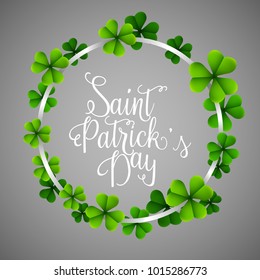 Happy St.Patric's Day in a circle clover leaves on gray background