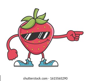 happy strawberry cartoon character with sunglasses pointing