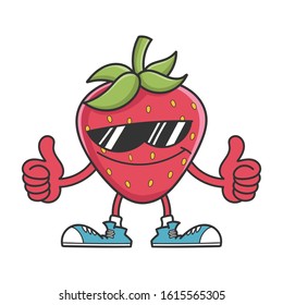 happy strawberry cartoon character with sunglasses giving thumbs up isolated on white background
