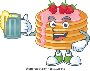 Happy strawberry cream pancake mascot style toast with a glass of beer