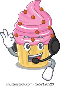 Happy Strawberry cupcake mascot design style wearing headphone