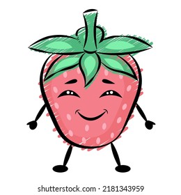 Happy strawberry with face, arms and legs isolated on white. Smiling strawberry vector illustration. Hatching draw. Sketchy fruit illustration. Friendly strawberry clipart. Сhildren's drawing