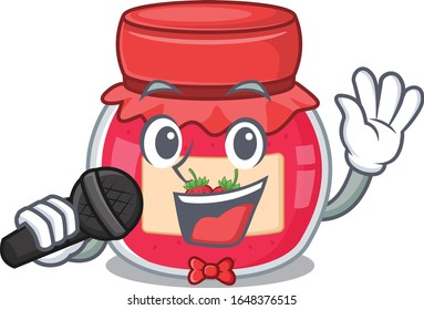 Happy strawberry jam singing on a microphone