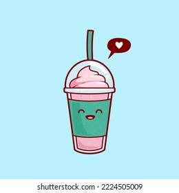 happy strawberry smoothies milkshake juice with ice cream topping illustration vector cartoon character