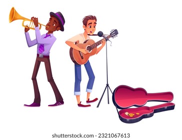 Happy street musician people character with guitar and saxophone isolated illustration. Music instrument and black man performer in orchestra band. Guitarist person playing live concert for money