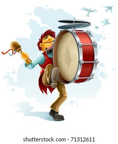 happy street musician playing drum vector illustration isolated white background