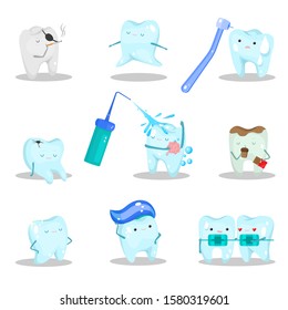 Happy and stressed teeth characters in different situations vector illustration