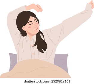 Una Mujer Feliz De Stretching Se Despierta En La Ilustración De Dibujos Gráfico