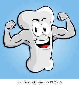 Happy strong bone character with muscular arm, vector cartoon