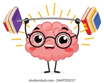 Happy strong brain cartoon, lifting book dumbbells