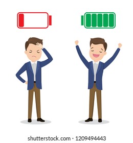 Happy strong caucasian Businessman with green full battery and sad powerless businessman with red low battery,flat vector illustration