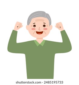 Happy Strong Elderly man Flexing Muscles Vector Cartoon Character. Powerful grandpa feeling energized and self-confident.