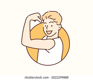 happy strong kid posing. Hand drawn style vector design illustrations.