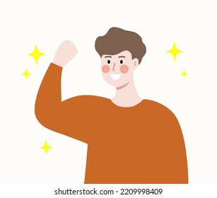 Happy Strong man showing muscles arms biceps. Smiling boy with healthy body. Exercise, Healthcare, leisure, sport activity, positive lifestyle concept. Flat cartoon vector design illustration.