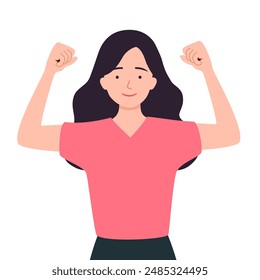 Happy Strong woman flexing muscles vector cartoon character. Powerful female feeling energized and self-confident.