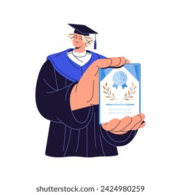 Estudiante feliz en traje académico se gradúa de la universidad. Chica en gorra muestra certificado de licenciatura. Mujer joven tiene diploma, documento. Ilustración aislada plana del vector sobre fondo blanco