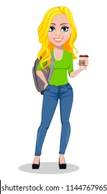 Happy student with backpack. Beautiful female cartoon character holding coffee. Back to school. Vector illustration on white background.