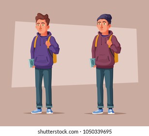 Happy student with a backpack and a book. Cheerful young man. Cartoon vector illustration