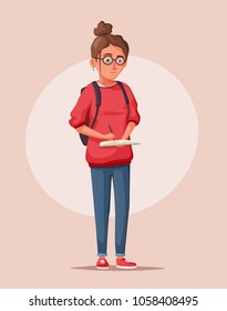 Happy student with a backpack and a book. Cheerful young man. Cartoon vector illustration